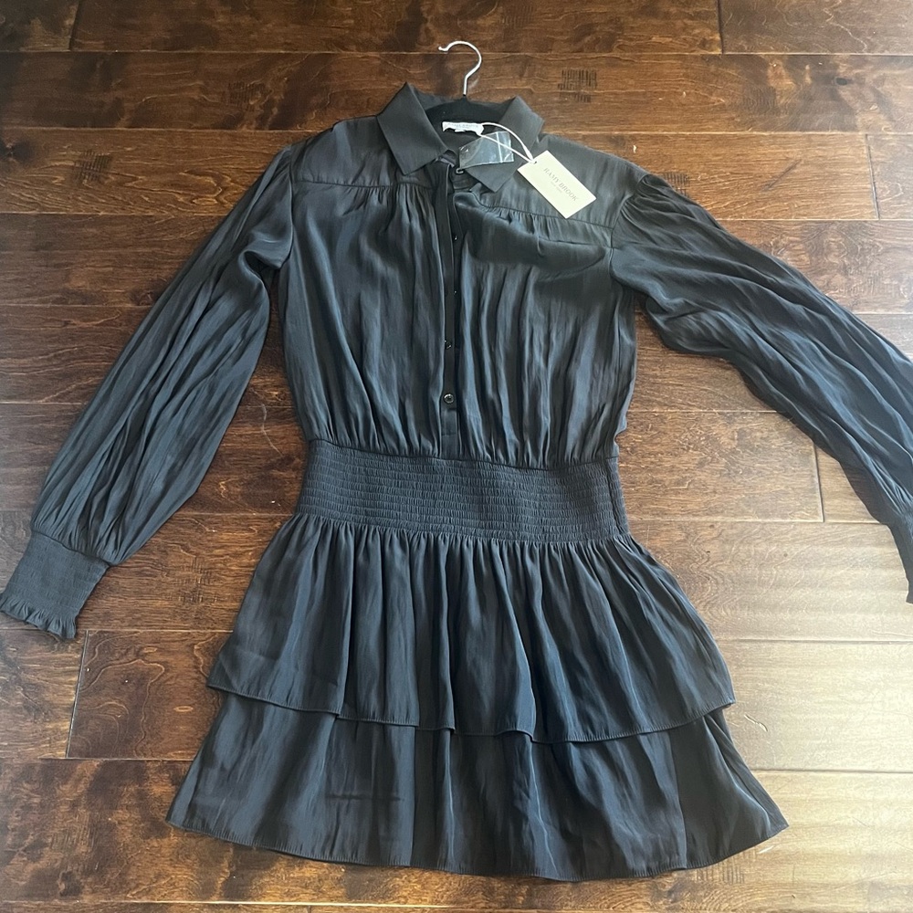 Ramy Brook Lynnette Black Long-Sleeve Smocked-Waist Dress Size Small
